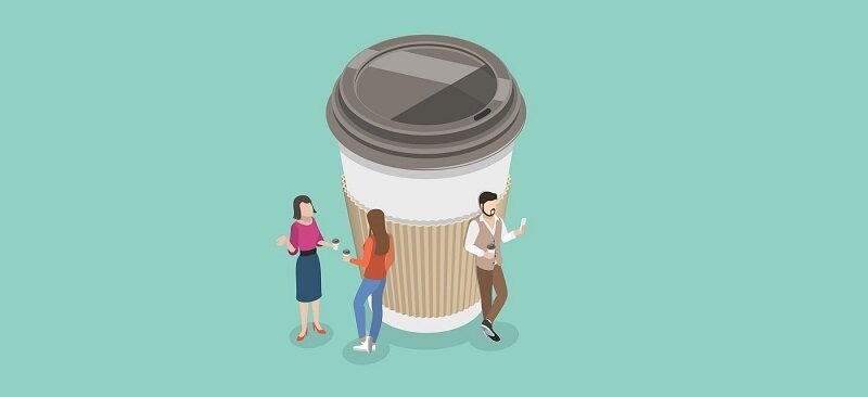 Illustration of people gathered around a giant coffee cup